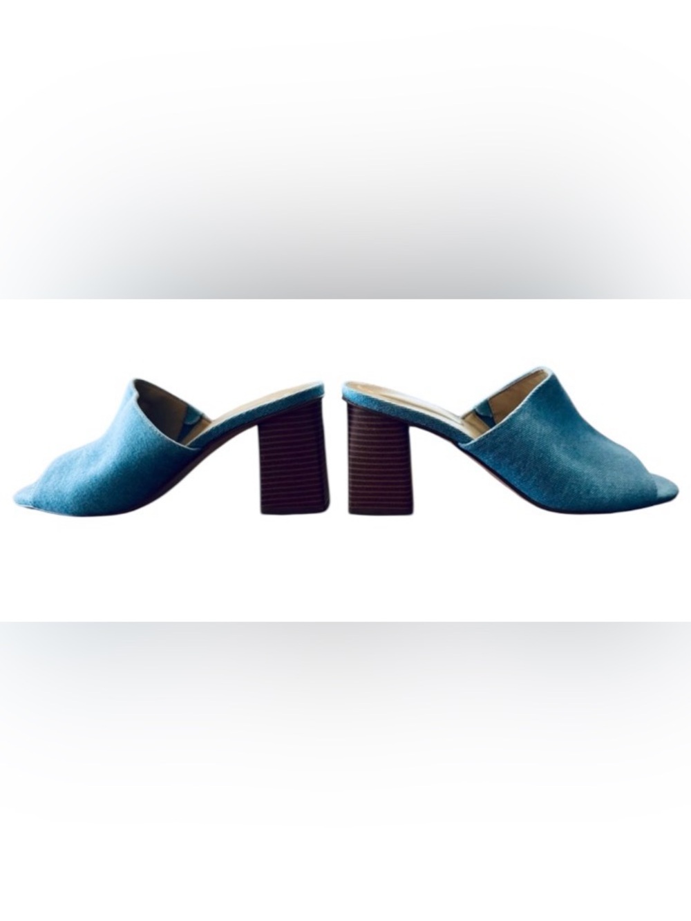 NWT Nine West size 9.5 Denim Blue Jean Slides Mules Block Heel Scandi Normgirl - Picture 3 of 11